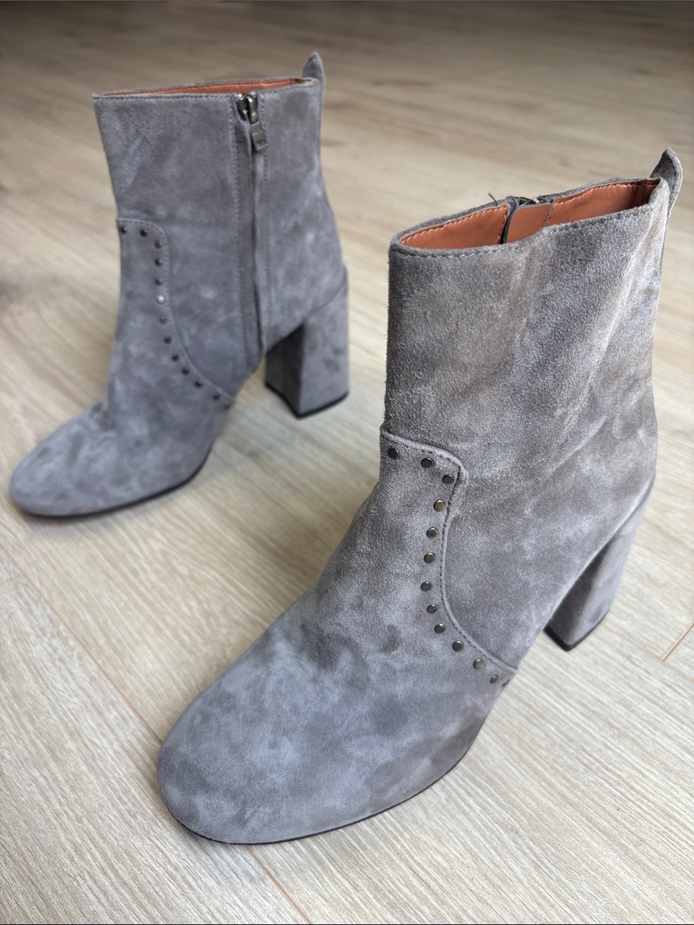 Coach Gray Suede Studded Block Heel Ankle Boots